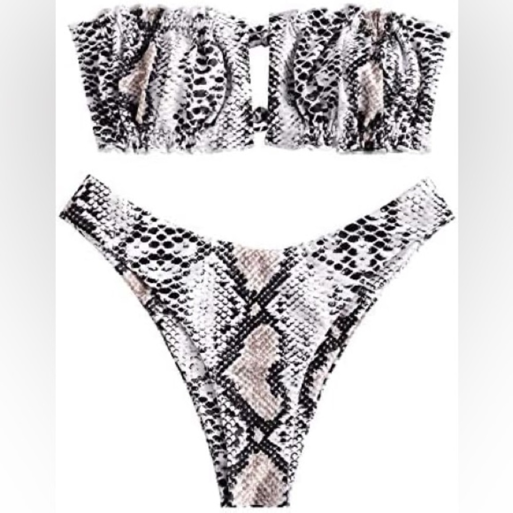 Zaful Snake Print Bandeau Bikini Set in Black and Cream